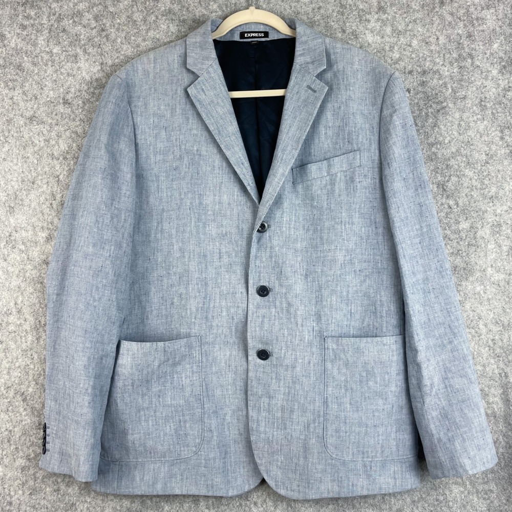 Express Linen Blend Blazer Sport Coast Mens‎ 42R Slim Fit Blue 3 Button Preppy